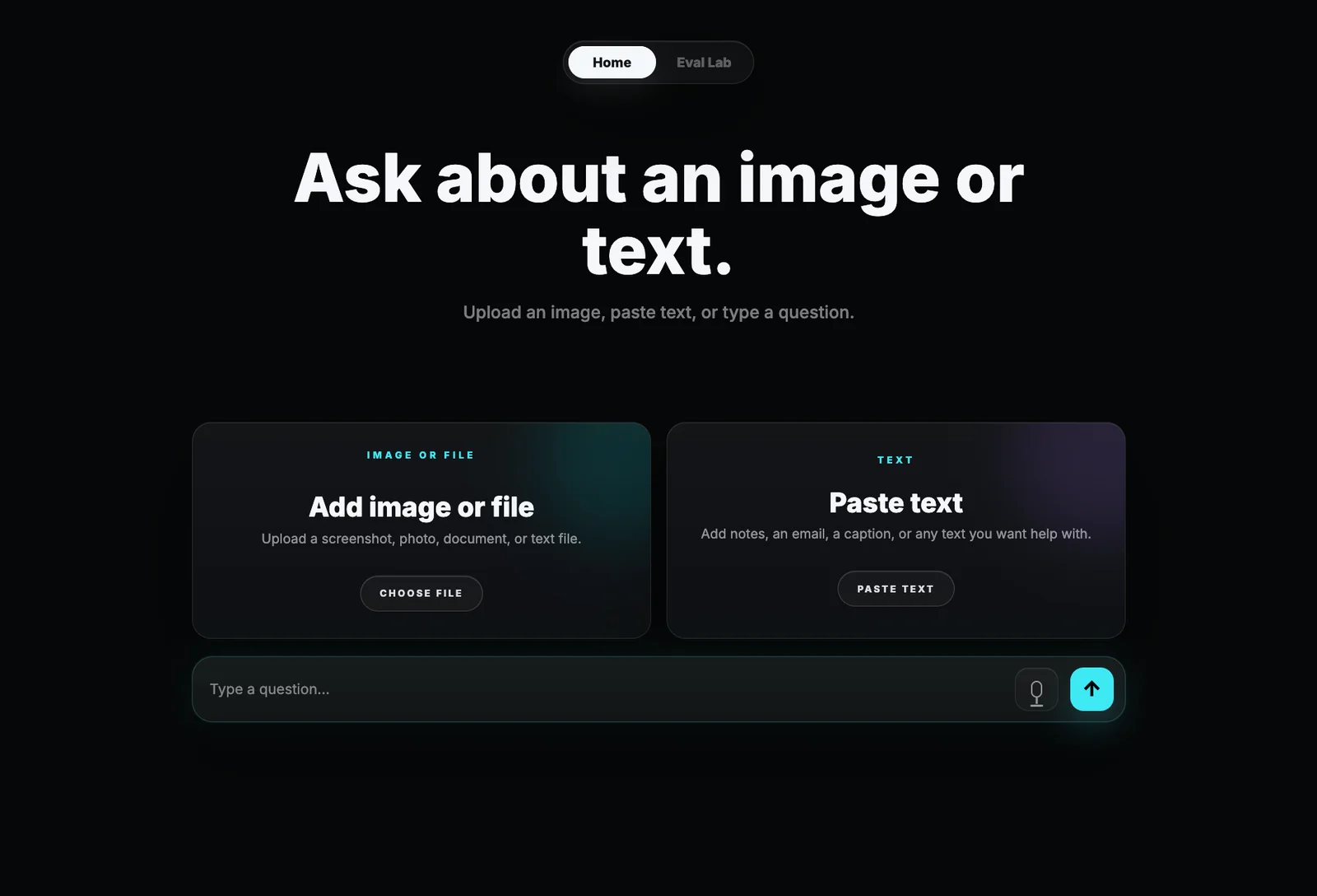 Mirror AI home interface with image upload, text input, a question field, and Eval Lab navigation.