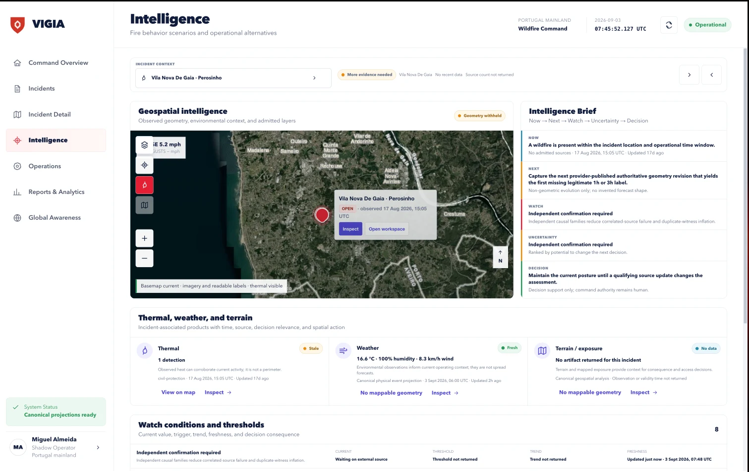 VIGIA’s operational intelligence workspace with incident context and a Portugal map.